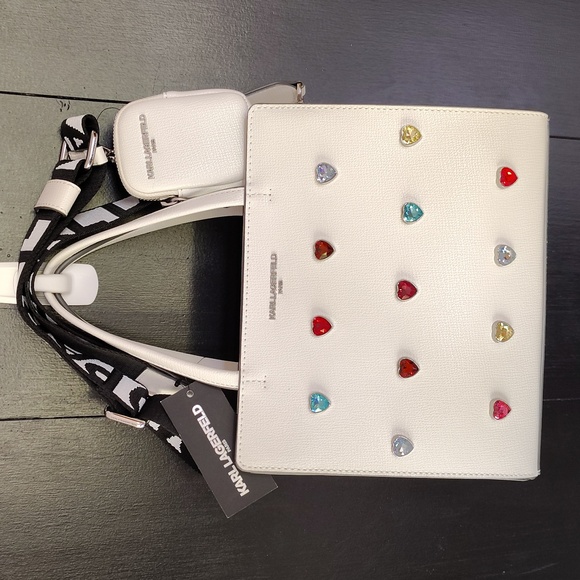 🤍 Karl Lagerfeld Paris White Leather Satchel Purse. Rainbow Heart Jewels. NWT! - Picture 2 of 16